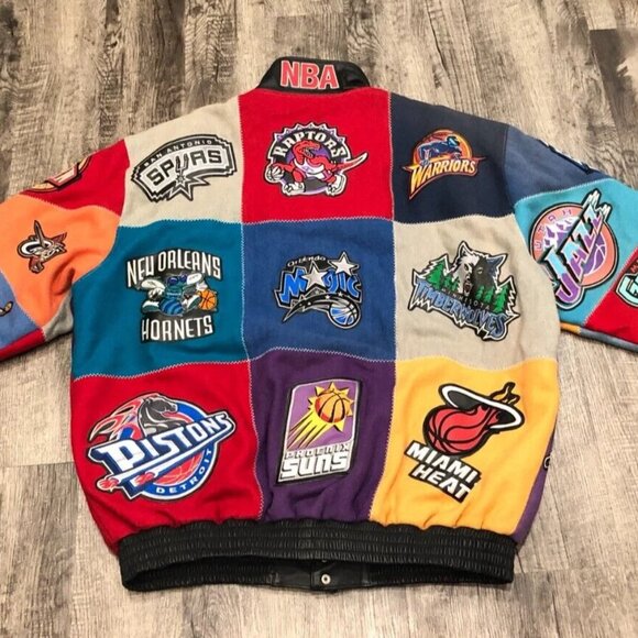 Vintage 90s Y2K Jeff Hamilton NBA Team Patchwork Jacket Mens 6XL Wool Basketball - Picture 2 of 8